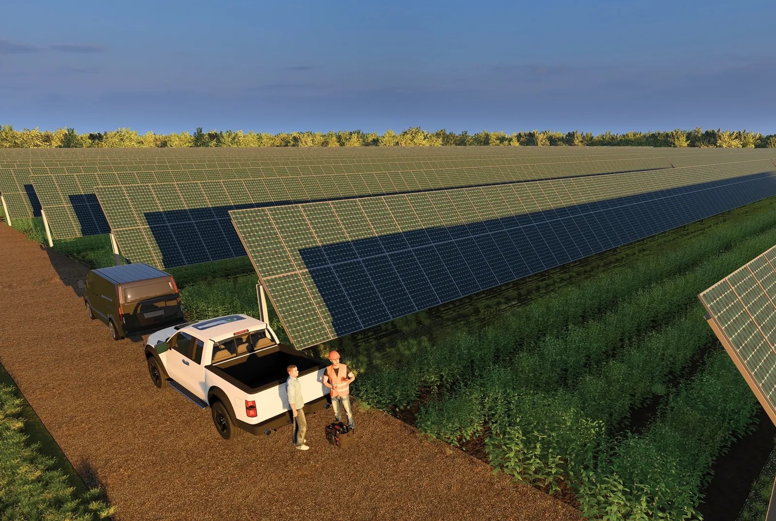 Solargation® solar arrays over agricultural fields in morning position